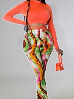 High-Waist Multicolor Swirl Print Pants - Neon Orange Accents